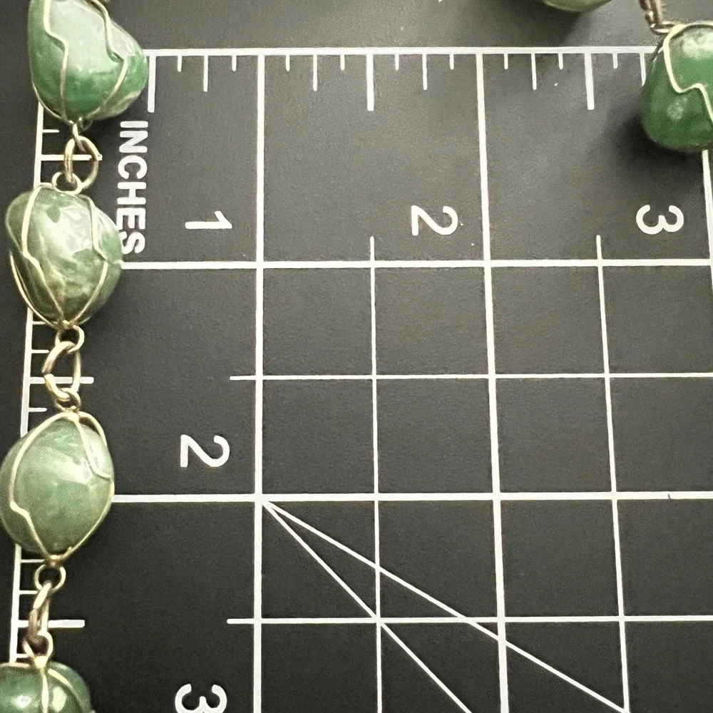 Vintage Green Aventurine Wire Wrapped Stone Necklace 26 Inch Boho 70s
